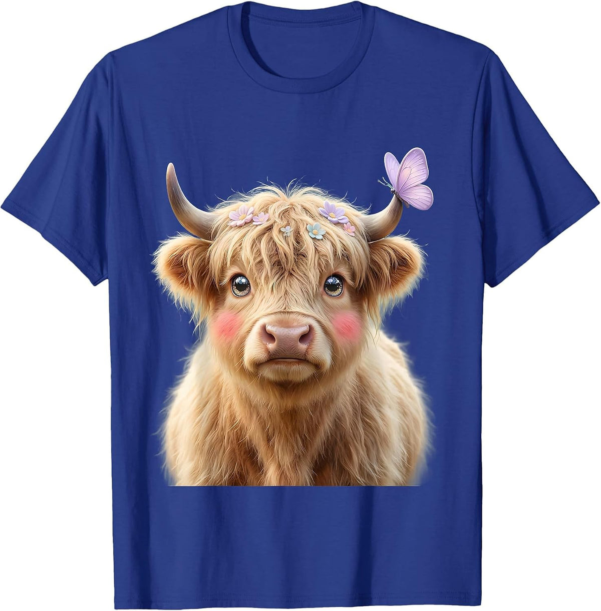 Highland Cow with Butterfly on Horn Graphic T-Shirt - Royal Blue