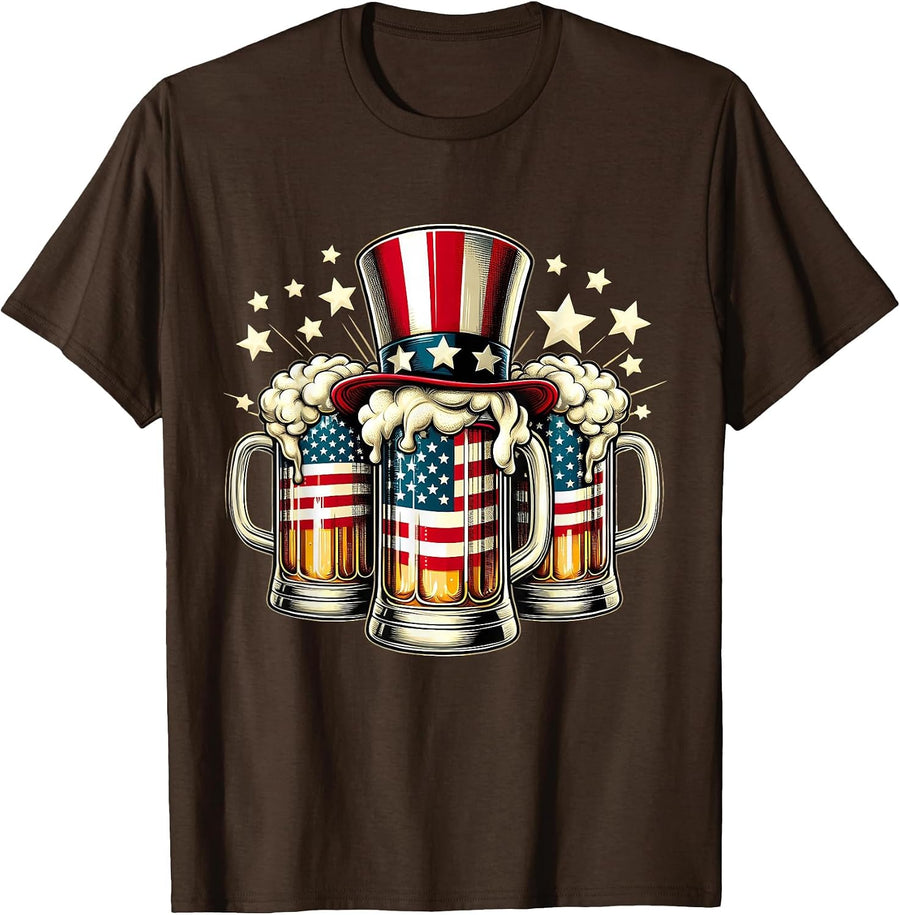 Beer American Flag USA 4th of July Party Drinking Men Women T-Shirt - Brown