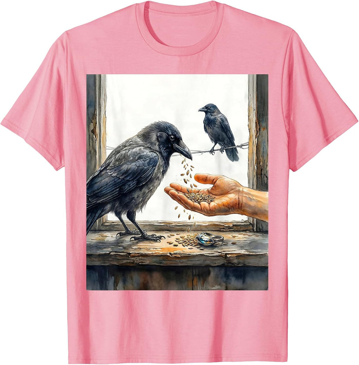 Men's Crow Raven Watercolor Gothic Dark Humor Bird Lover T-Shirt - Pink