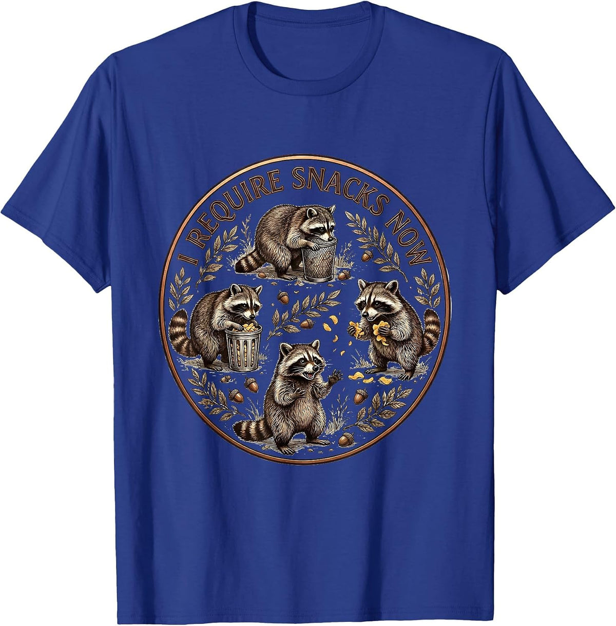 Men's I Require Snacks Now Funny Raccoon Design T-Shirt - Royal Blue