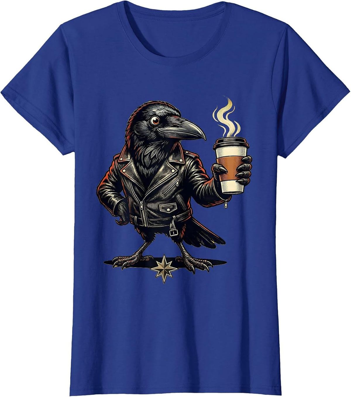 Women's Cool Crow in Leather Jacket Sipping Black Coffee T-Shirt - Royal Blue