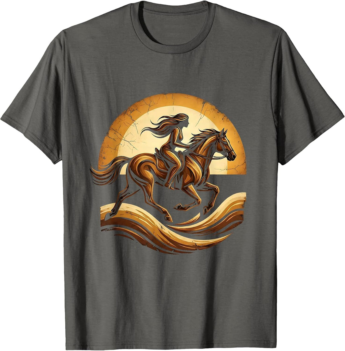 Horse and Rider Galloping Through Ocean Waves T-Shirt - Asphalt Grey