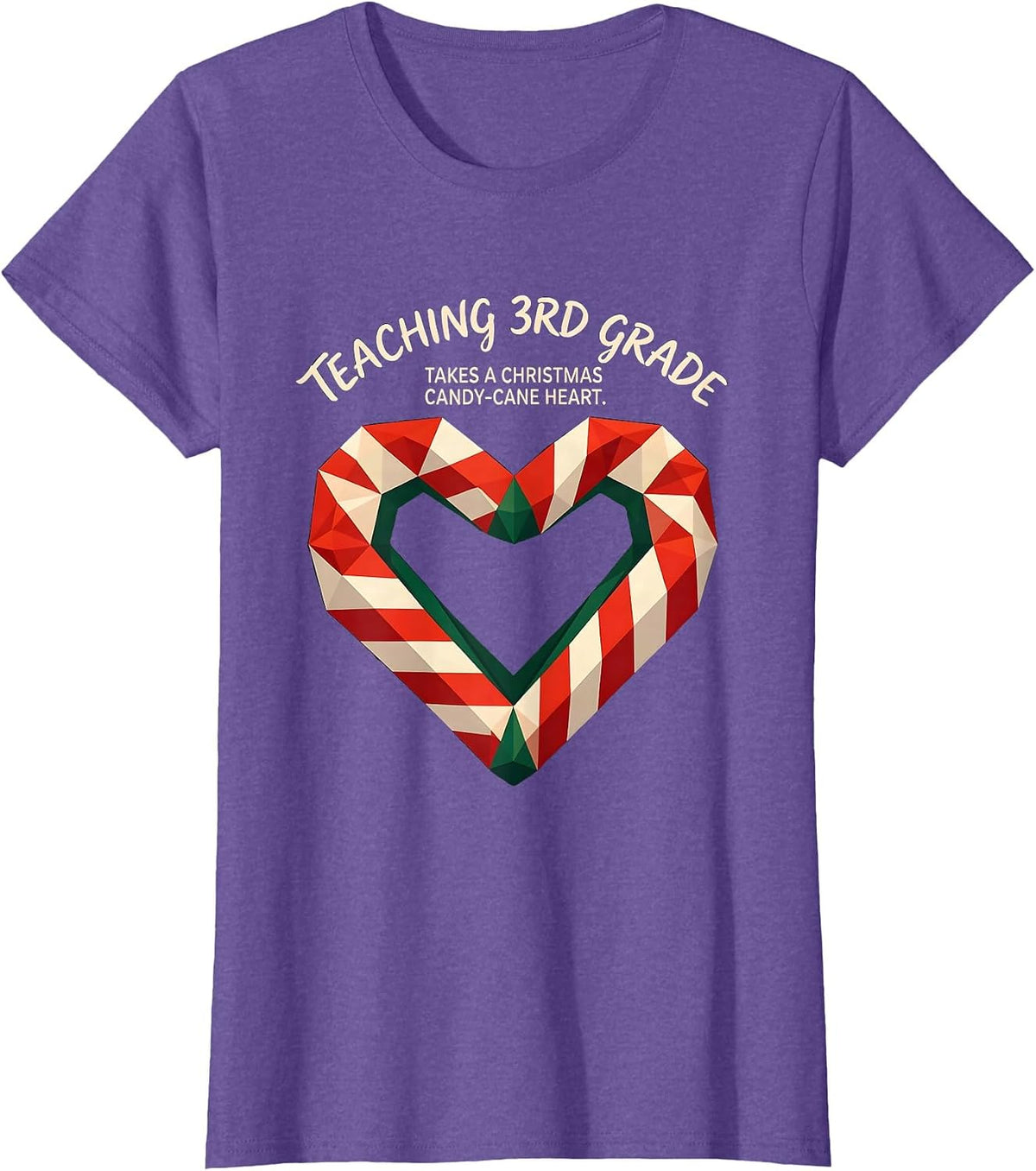 Teaching 3rd Grade Takes A Christmas Candy-Cane Heart T-Shirt - Purple Heather