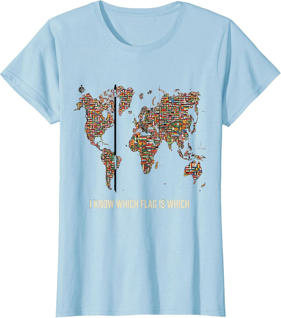 Women's I Know Which Flag Is Which Geography Lover World Map Teacher T-Shirt - Baby Blue