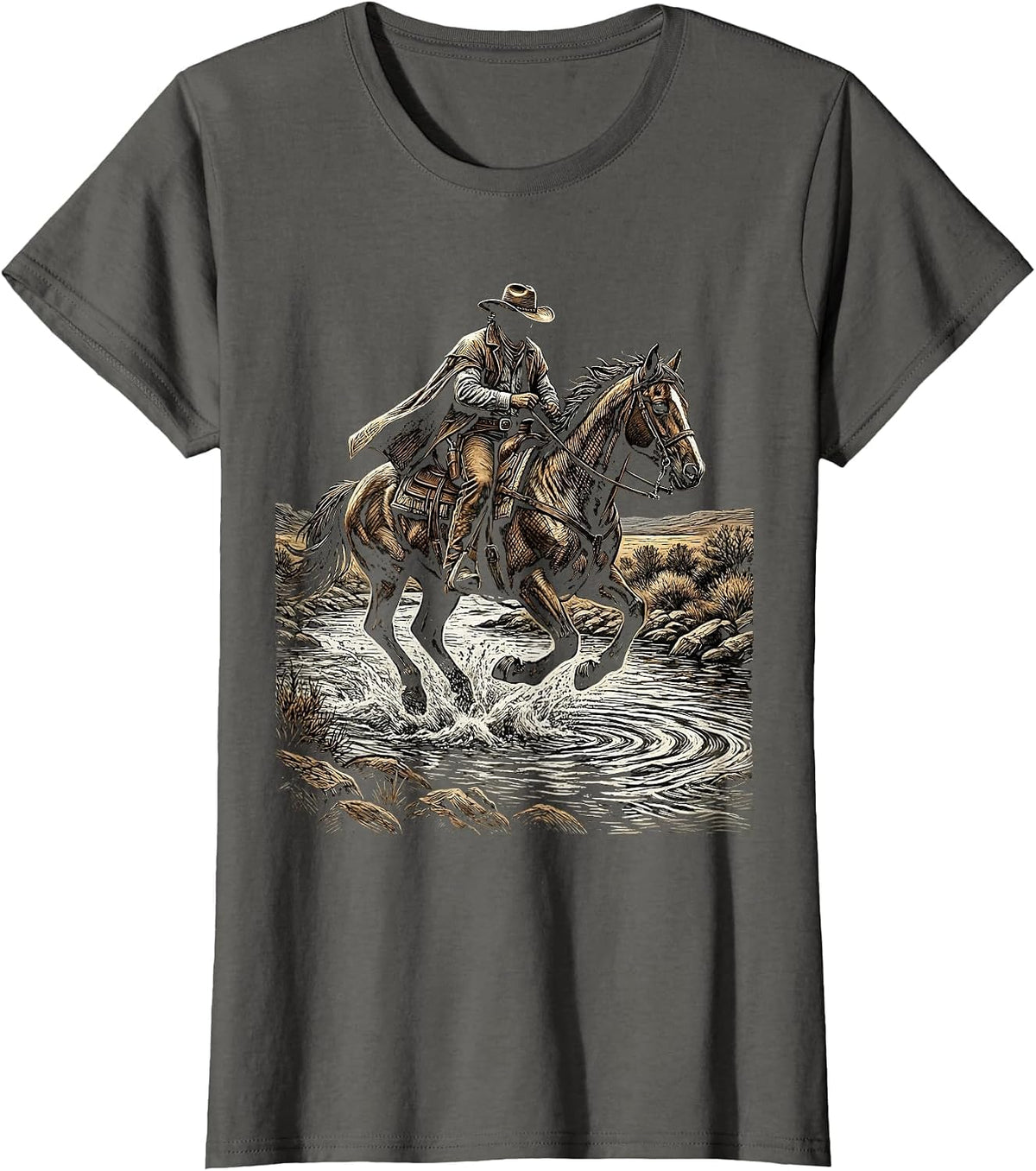 Women's Cowboy Riding Horse Through River Crossing T-Shirt - Asphalt Grey