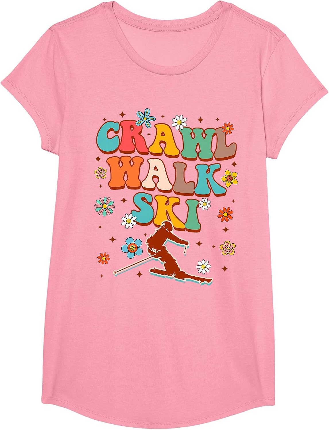 Snow Skiing Lover Winter Sport Baby Toddler Crawl Walk Ski T-Shirt - Girls Pink