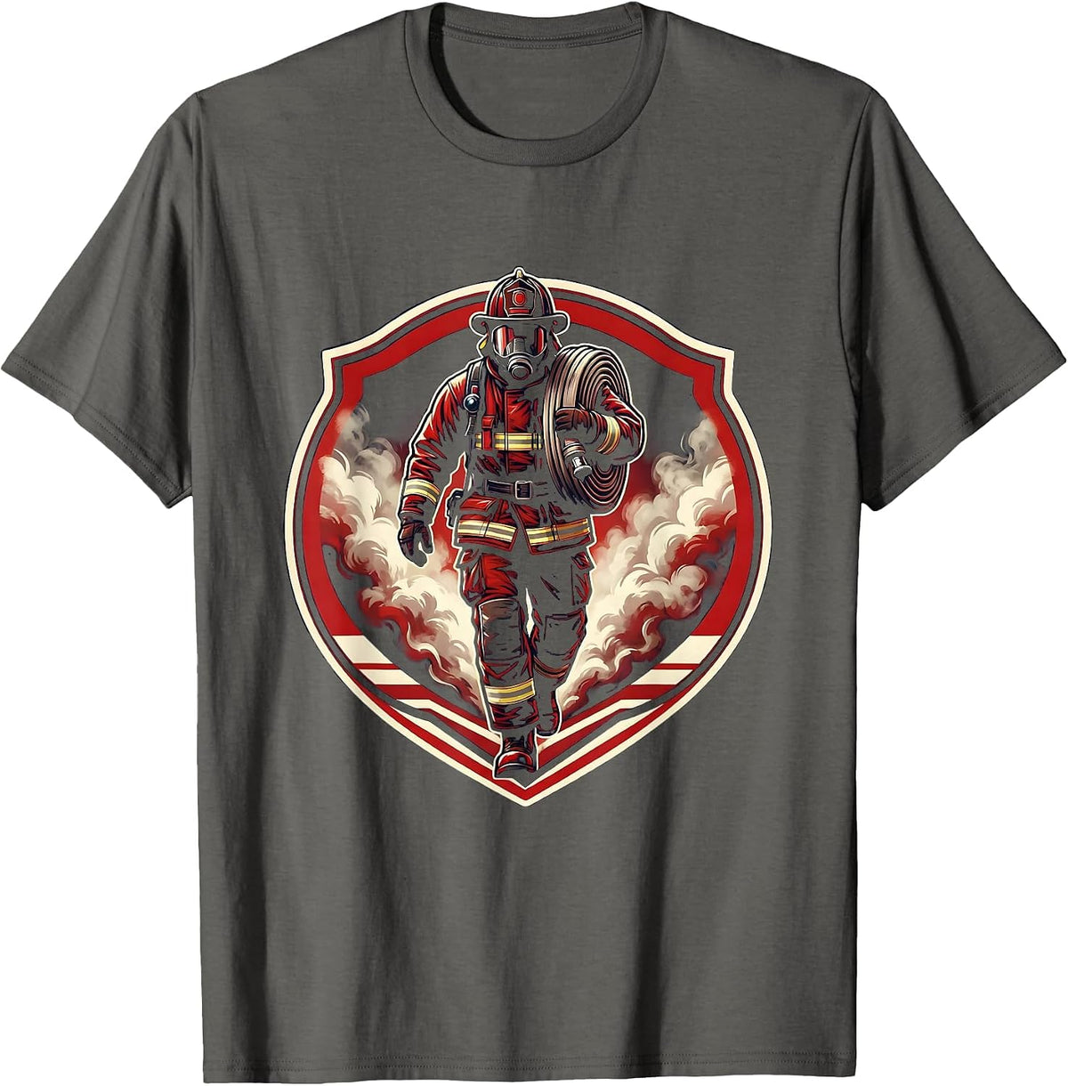 Firefighter Carrying Hose Through Smoke Clouds T-Shirt - Asphalt Grey