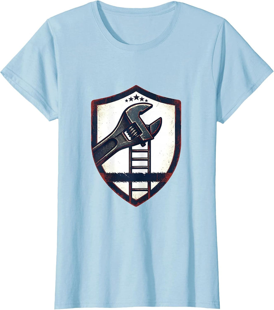 Women's Sealed Shield Pipe Wrench Mechanic American Flag Pride T-Shirt - Baby Blue
