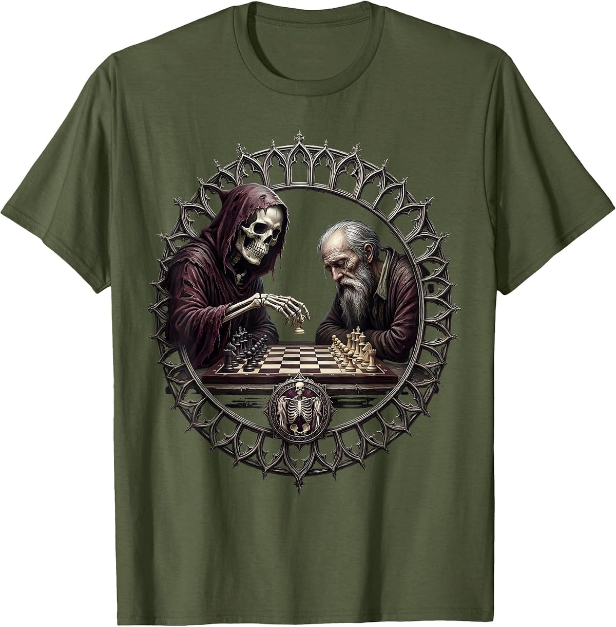 Death Playing Checkers With Elderly Man Graphic T-Shirt - Olive Green