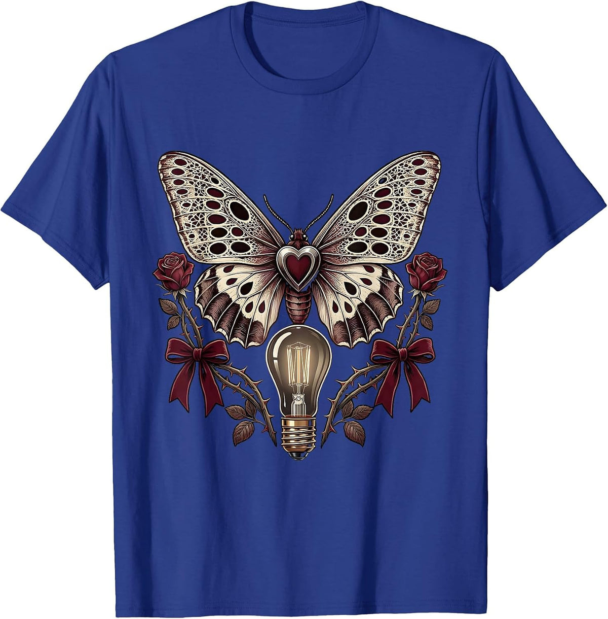 Moth and Vintage Light Bulb Rock Band Graphic T-Shirt - Royal Blue