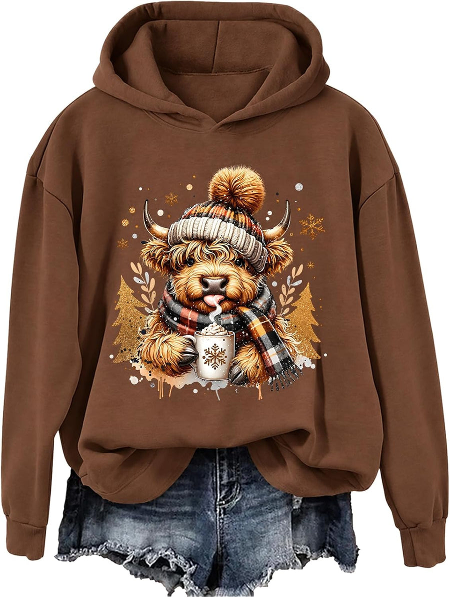 Highland Cow Sweatshirt Cute Christmas Cow Crewneck Long Sleeve - Hooded Neck Brown