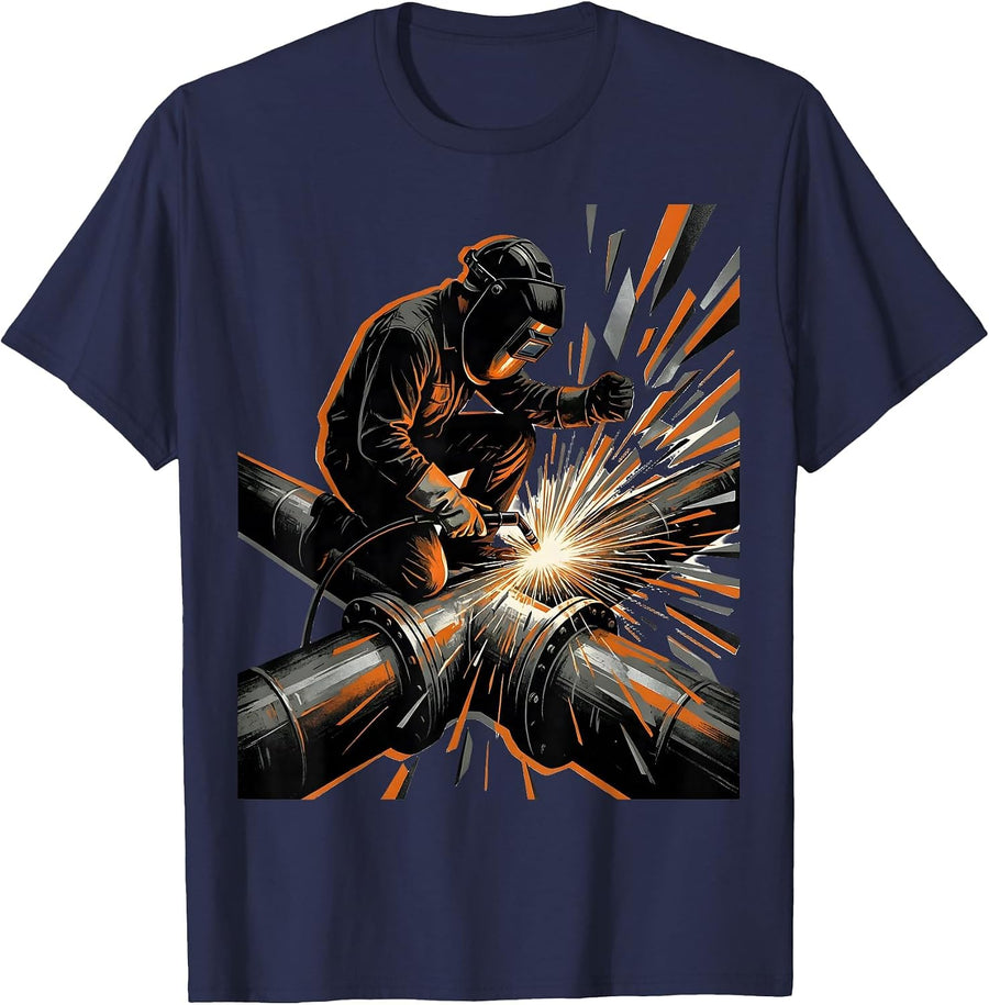 Welder Kneeling on Industrial Pipe Junction T-Shirt - Navy Blue