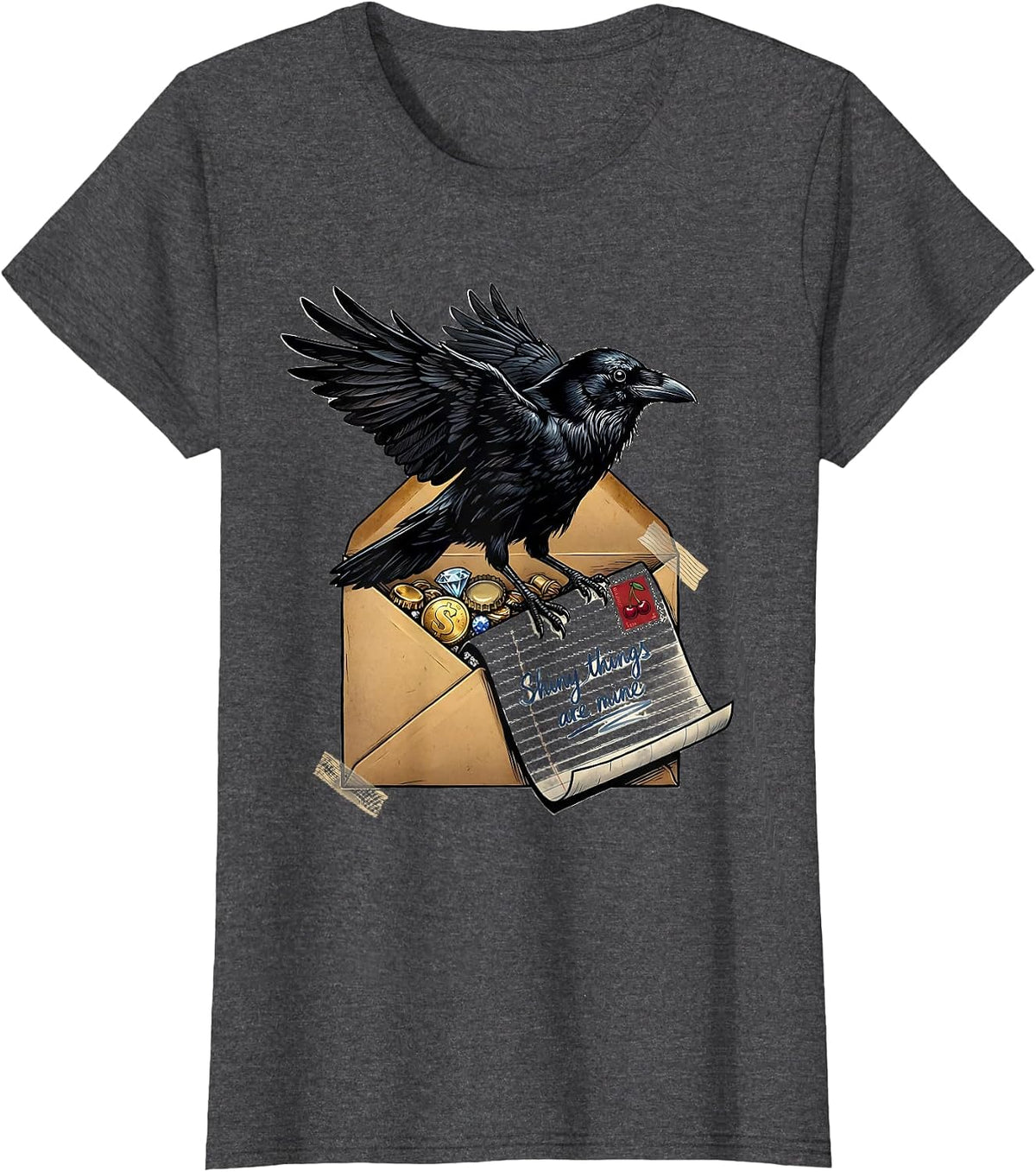 Women's Shiny Things Are Mine Crow Design T-Shirt - Dark Heather Grey