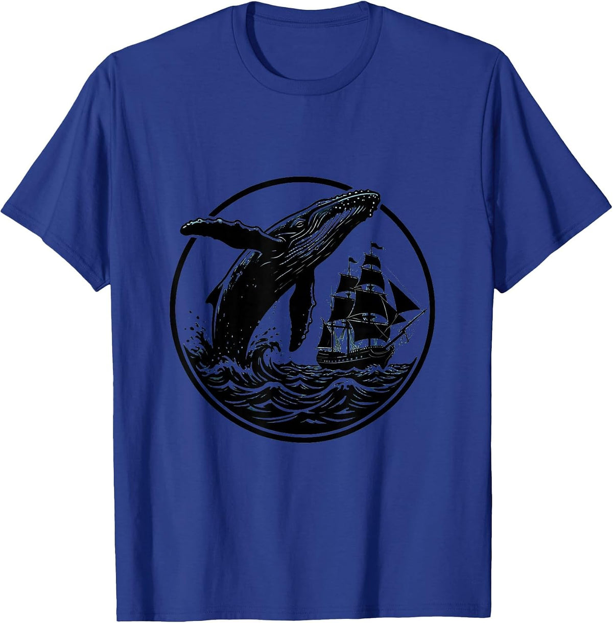 Whale Breaching Tall Sailing Ship Navy Graphic T-Shirt - Royal Blue