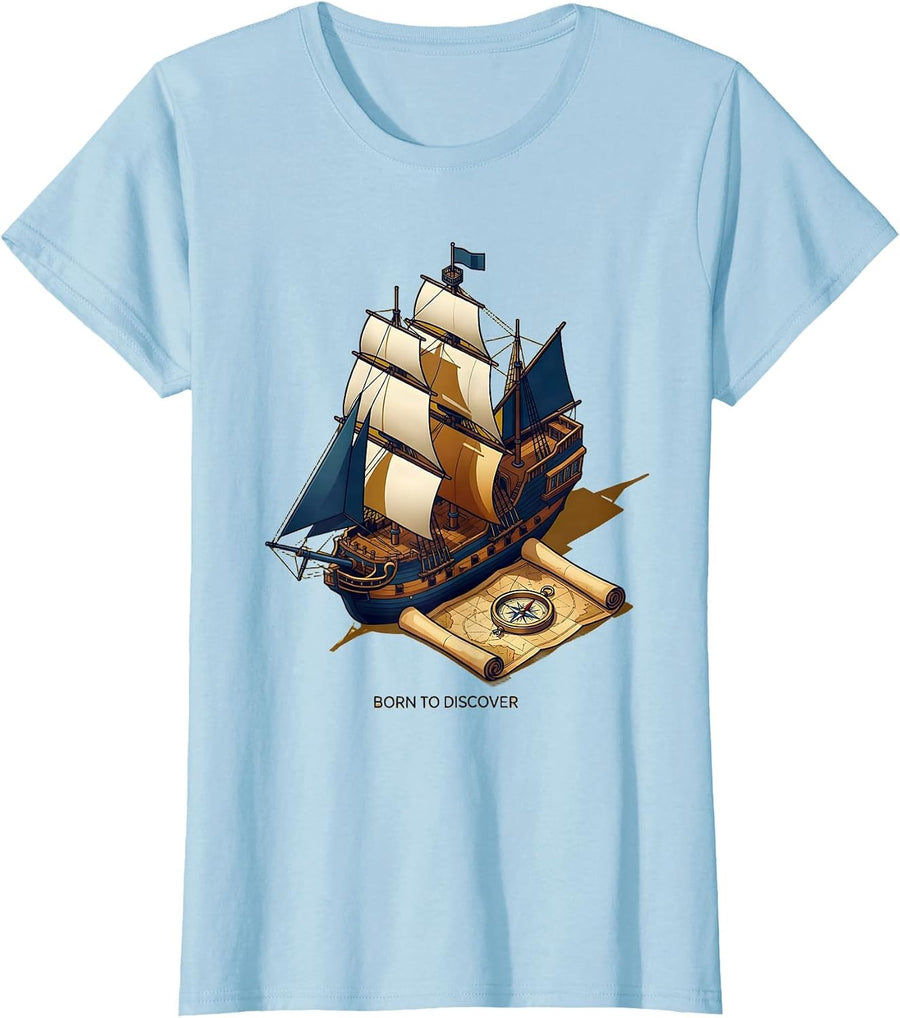 Women's Born to Discover Columbus Day Explorer Design T-Shirt - Baby Blue