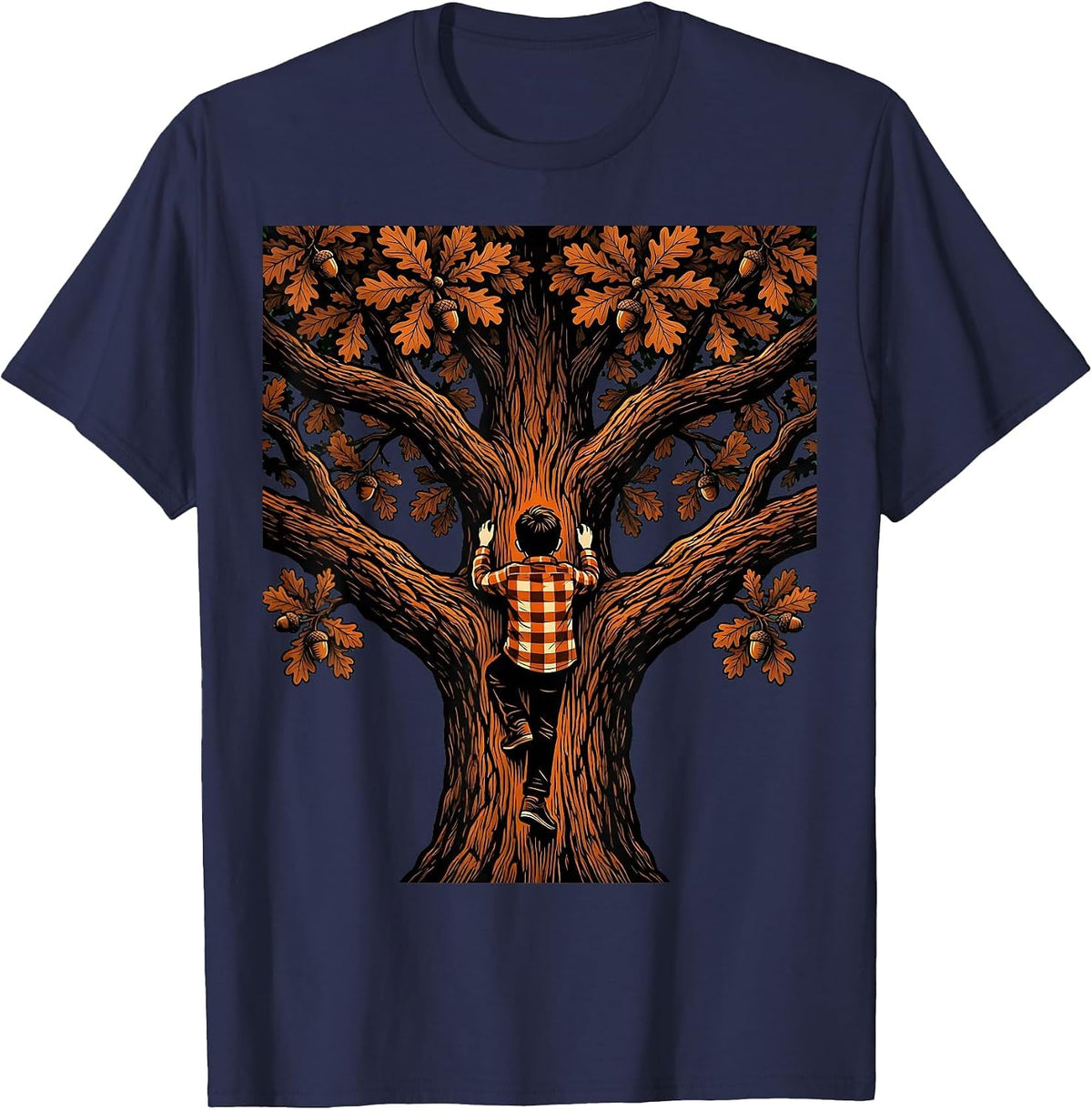 Fall Boy Climbing Oak Tree Autumn Illustration T-Shirt - Navy Blue