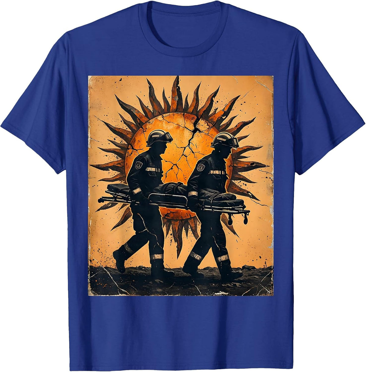 Men's EMT Paramedic Silhouette Sunset Stretcher Design T-Shirt - Royal Blue