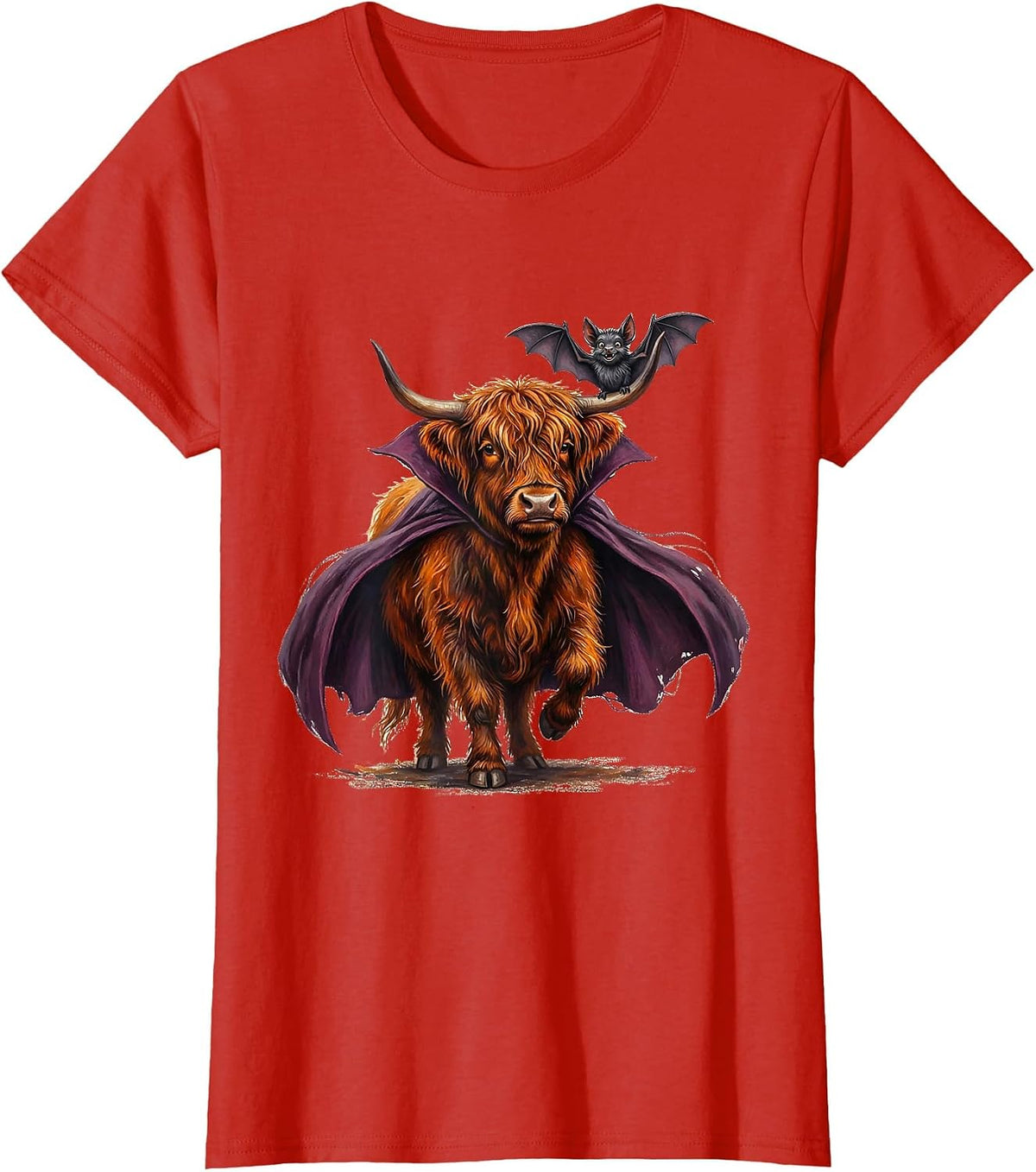 Shaggy Highland Cow Vampire Cape Funny Halloween T-Shirt - Red