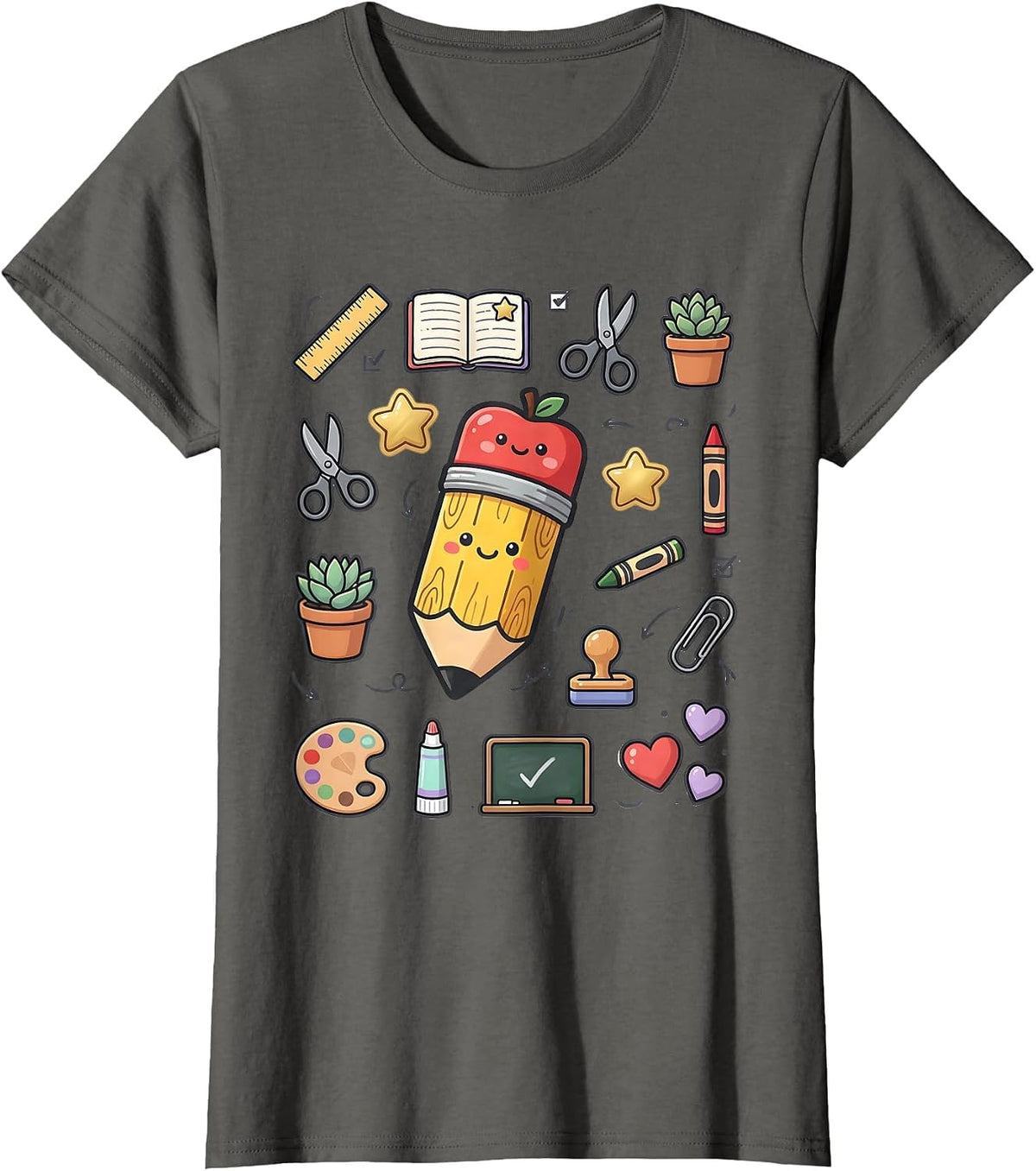 Women's First Grade Teacher Pencil Apple Eraser Graphic T-Shirt - Asphalt Grey
