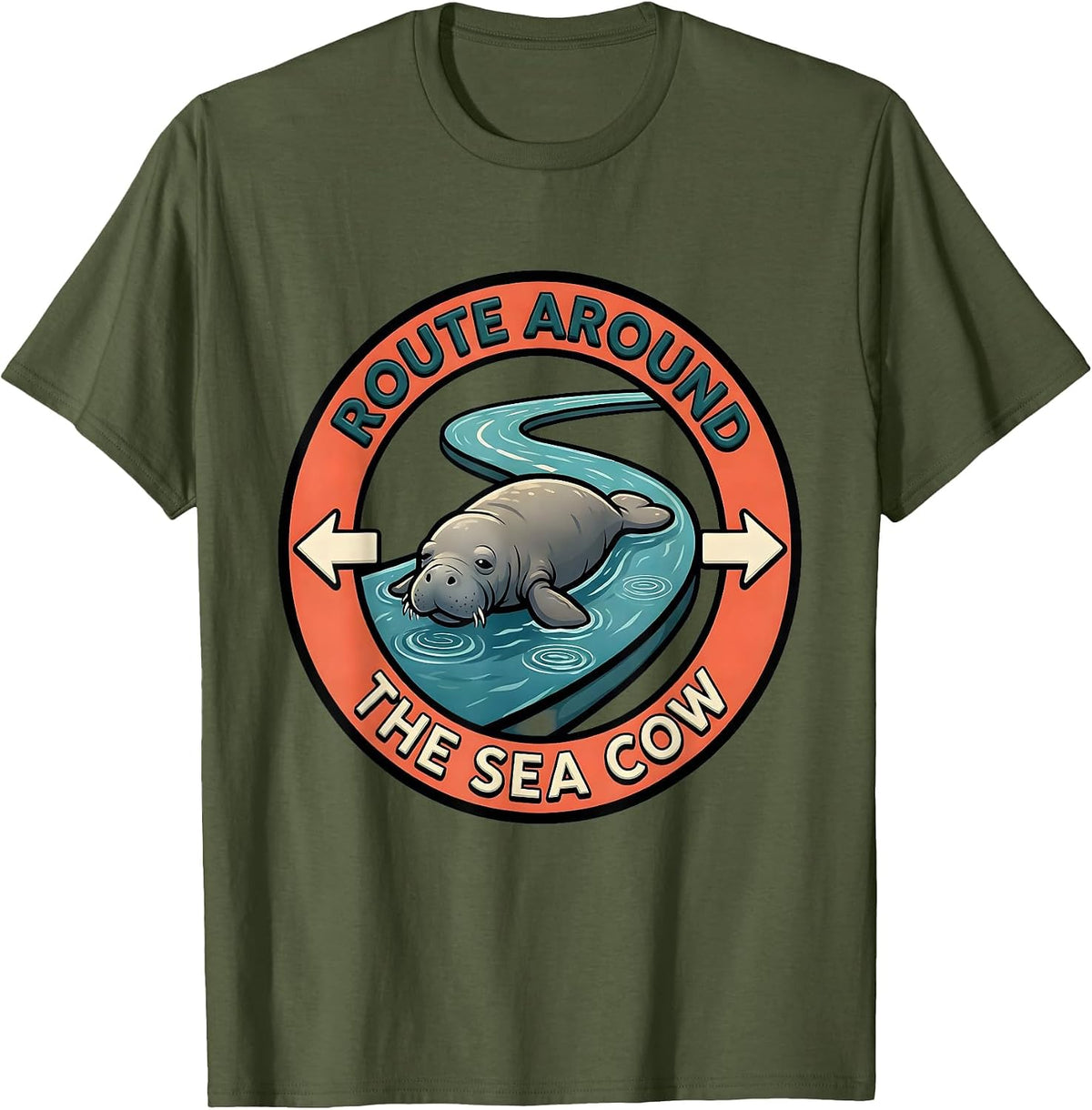 Men's Route Around The Sea Cow Cartoon Manatee Wildlife Lover T-Shirt - Olive Green
