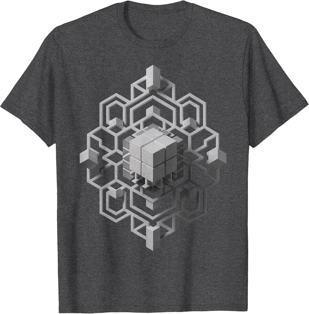 3D Geometric Pattern Cube Isometric Art Optical Illusion T-Shirt - Dark Heather Grey