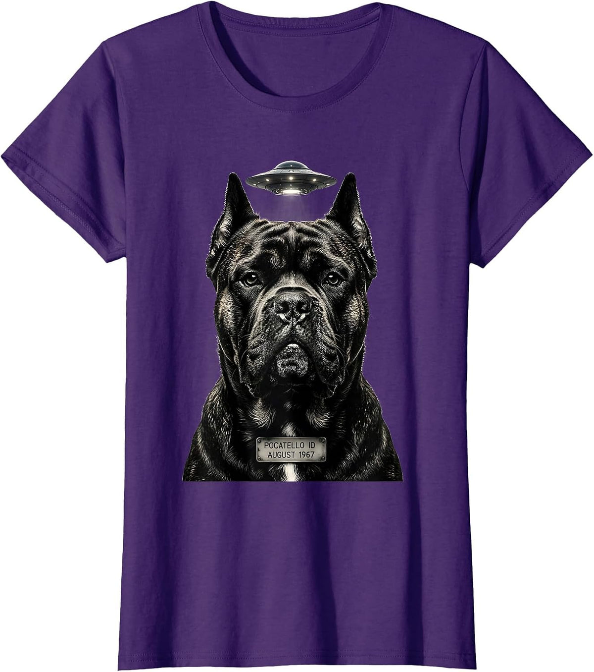 Women's Pocatello ID August 1967 Funny Cane Corso UFO Selfie T-Shirt - Purple
