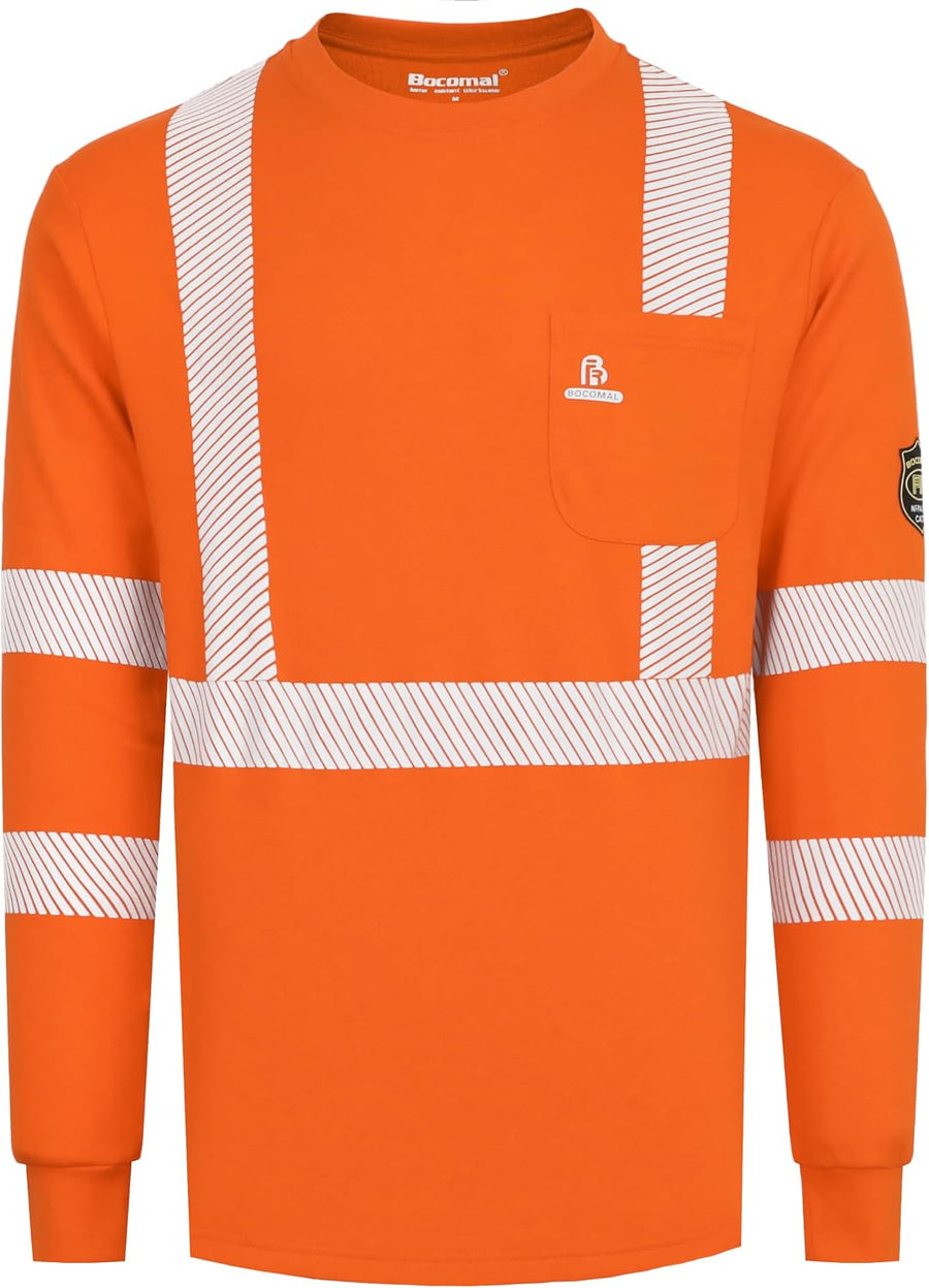 BOCOMAL Men's FR Shirts Hi-Vis Reflective Flame Resistant Safety Crew Tee - Orange Tee\/Hi Vis