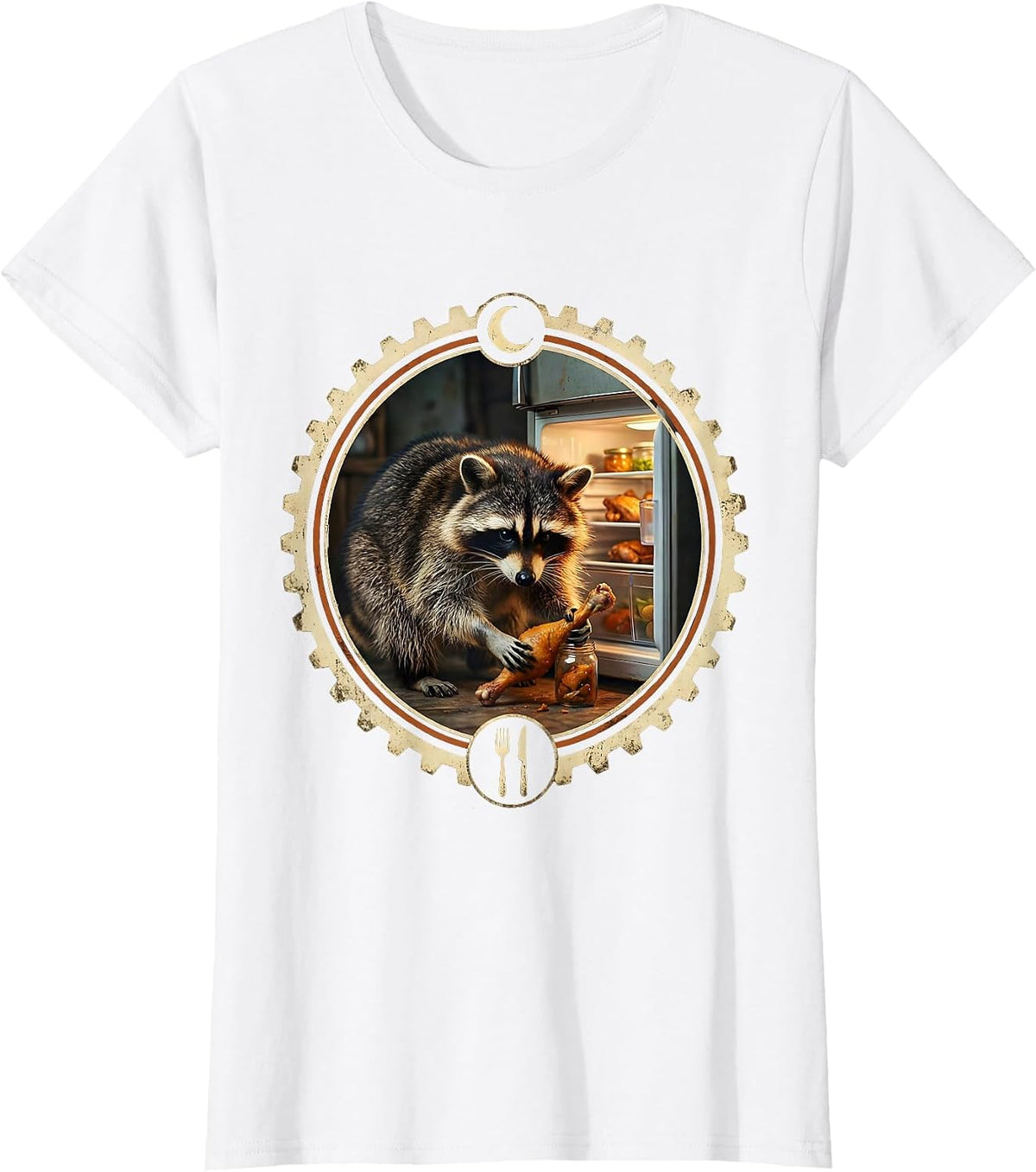 Midnight Raccoon Fridge Raid Funny Graphic Tee T-Shirt - White