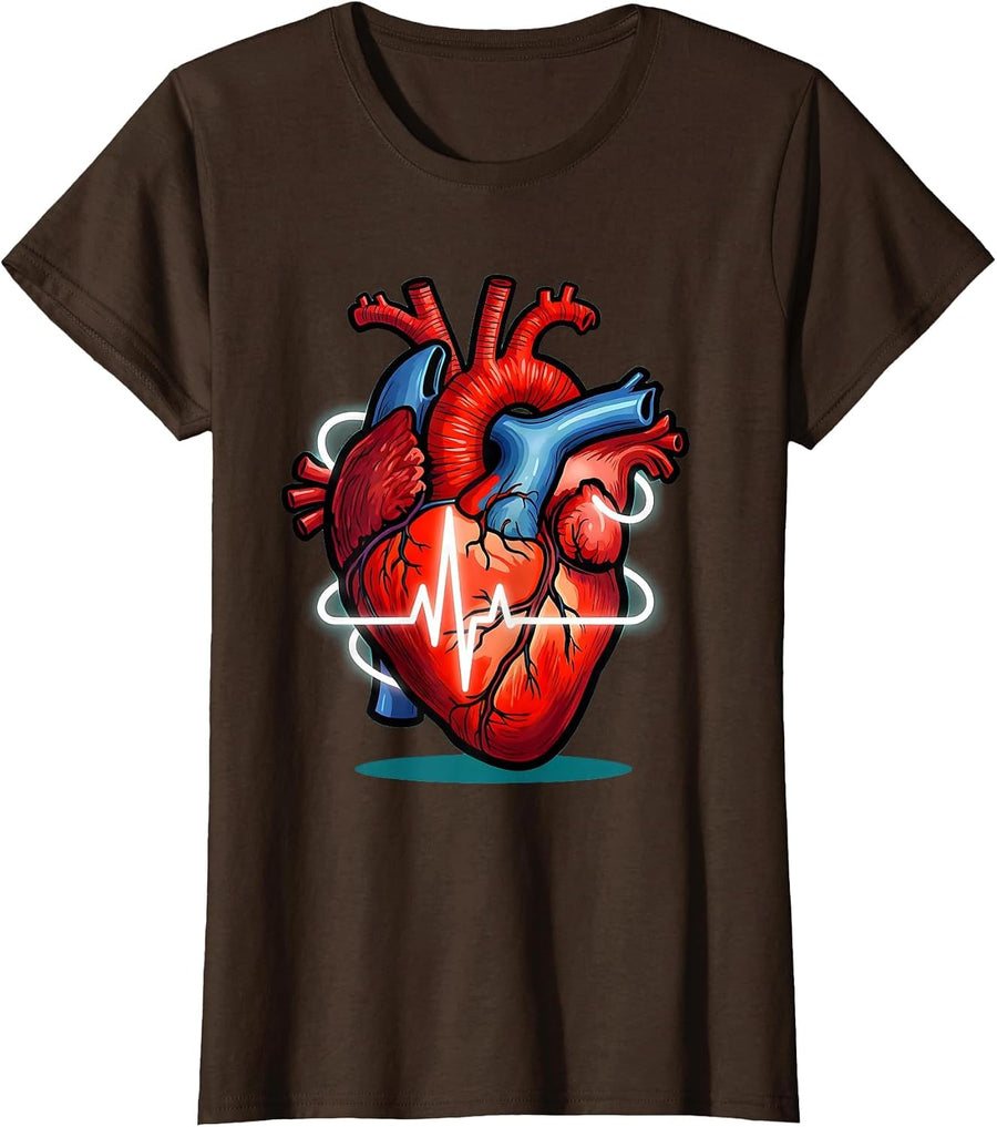 Women's Anatomical Heart EKG Heartbeat Line Art Design T-Shirt - Brown