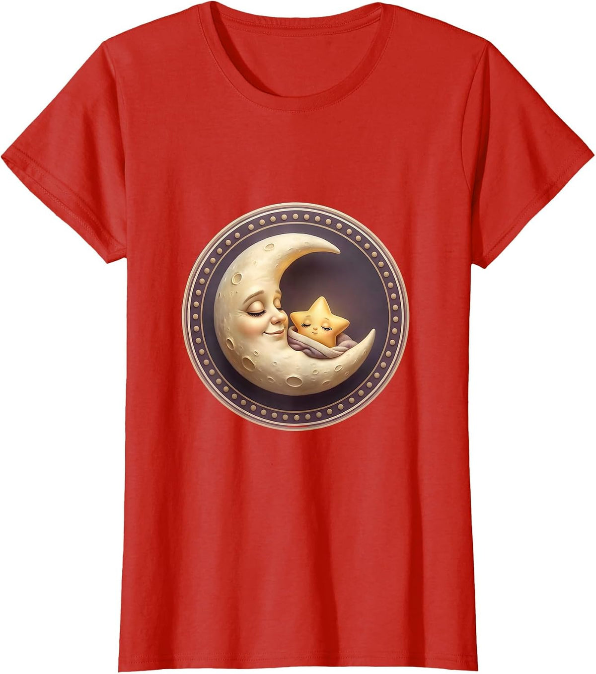 Crescent Moon Tucking In Sleepy Star Cute Design T-Shirt - Red