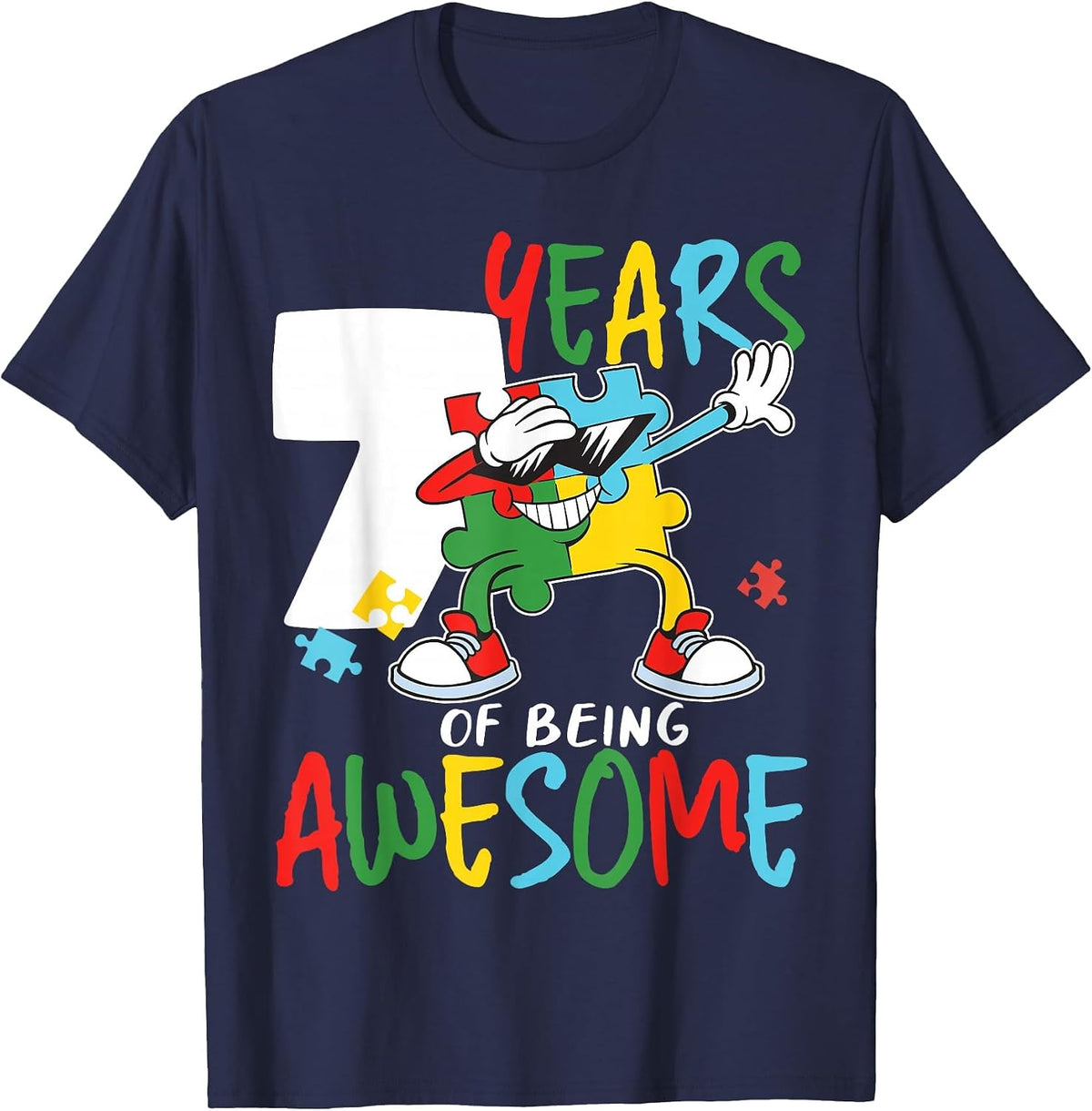 7 Year Old Birthday Autistic Boy Girl Autism Awareness T-Shirt - Navy Blue