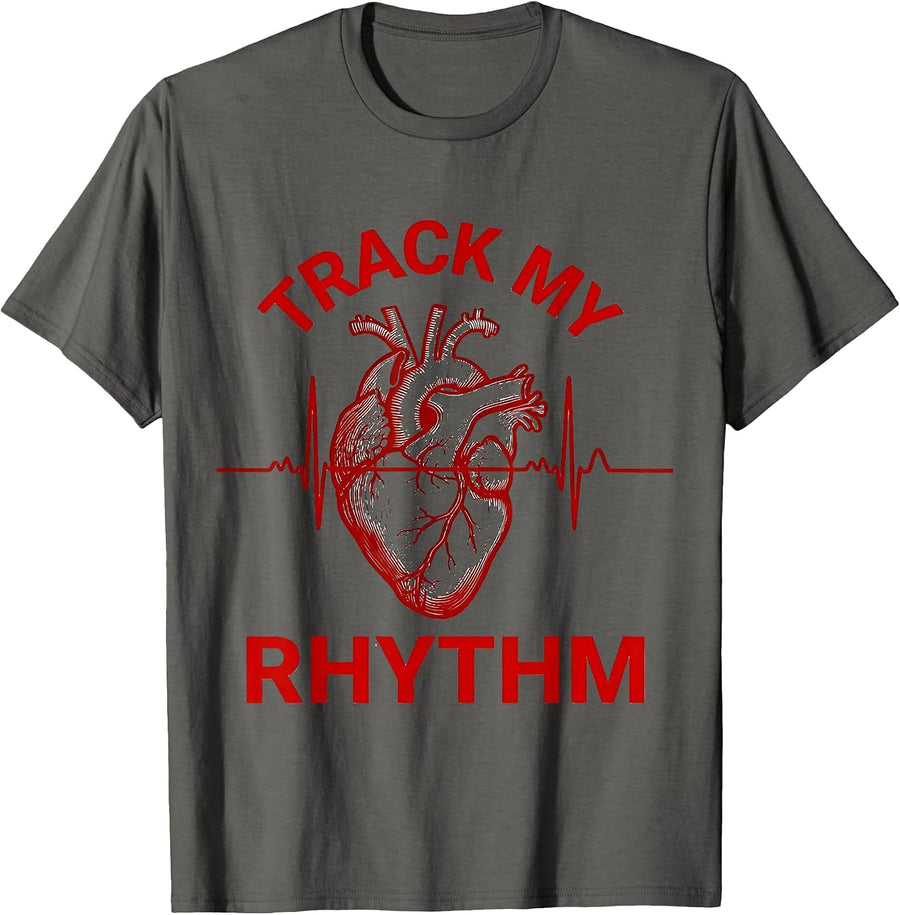 Track My Rhythm Line Art EKG Heart Nurse Cardiology Humor T-Shirt - Asphalt Grey
