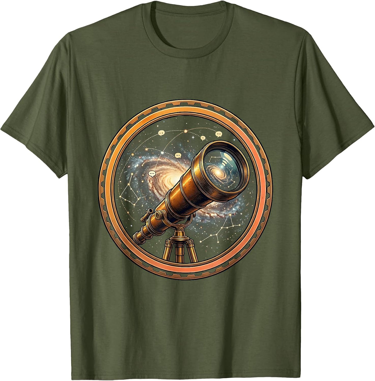 Telescope Galaxy of Letters Astronomy Art T-Shirt - Olive Green