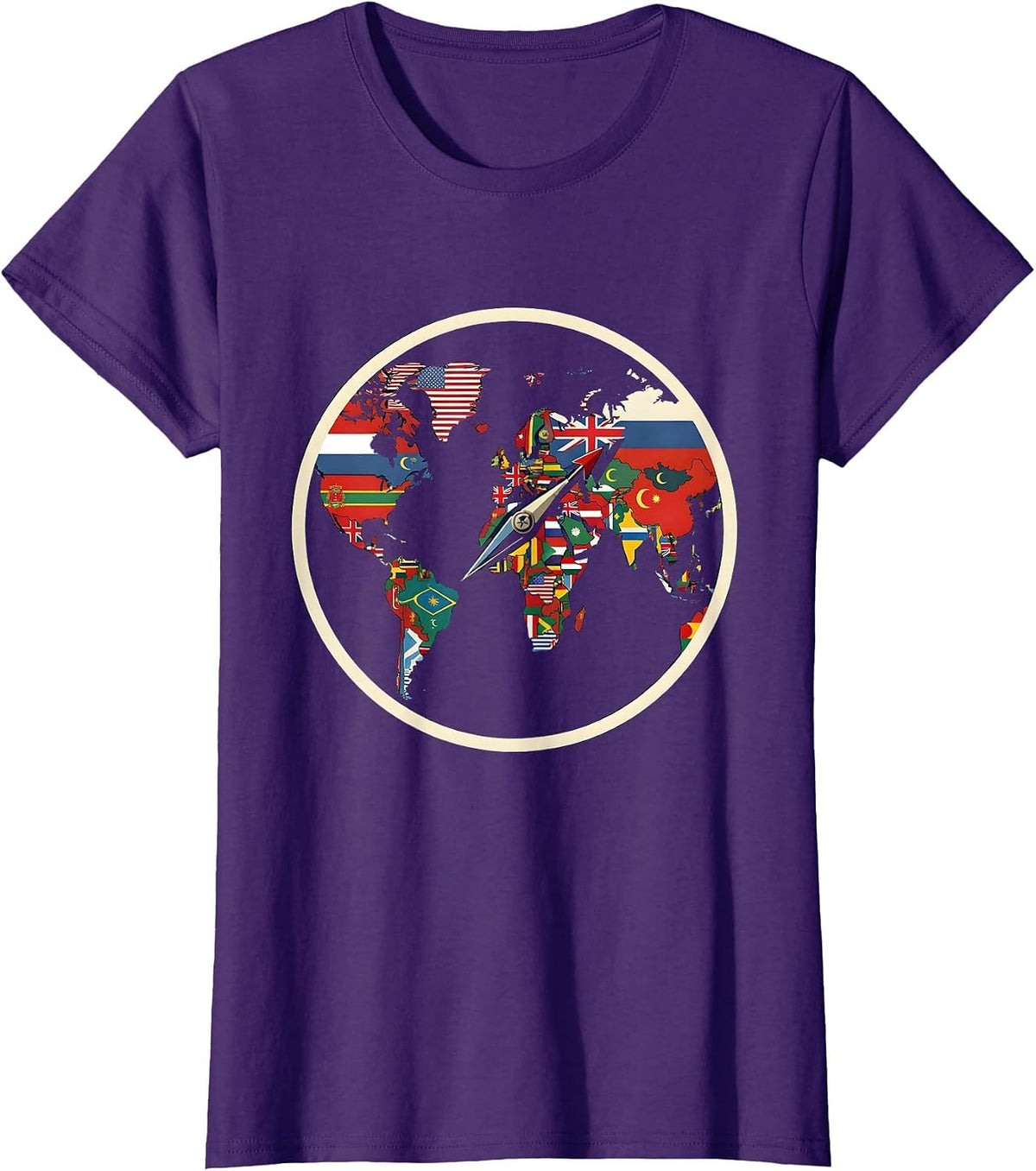 Women's World Flags Map Shield Badge Geography Lover Travel T-Shirt - Purple