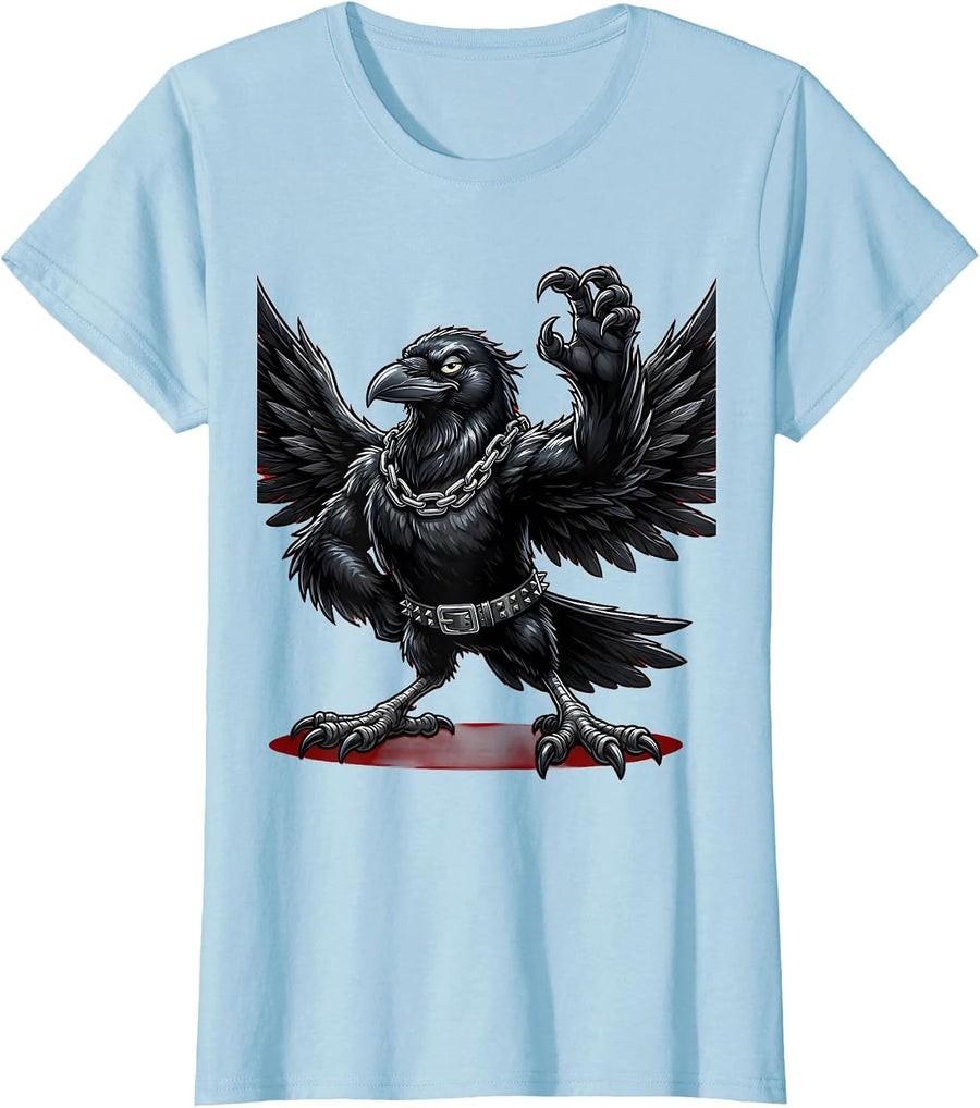 Women's Rebellious Crow Chains and Studded Belt Graphic T-Shirt - Baby Blue