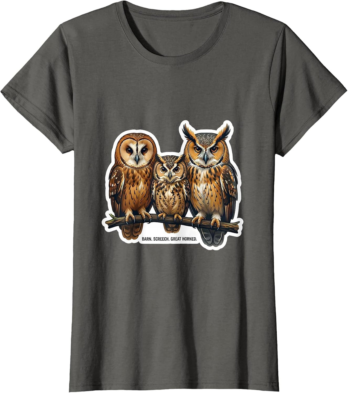 Women's Barn. Screech. Great Horned Funny Owl Lover Birdwatcher T-Shirt - Asphalt Grey