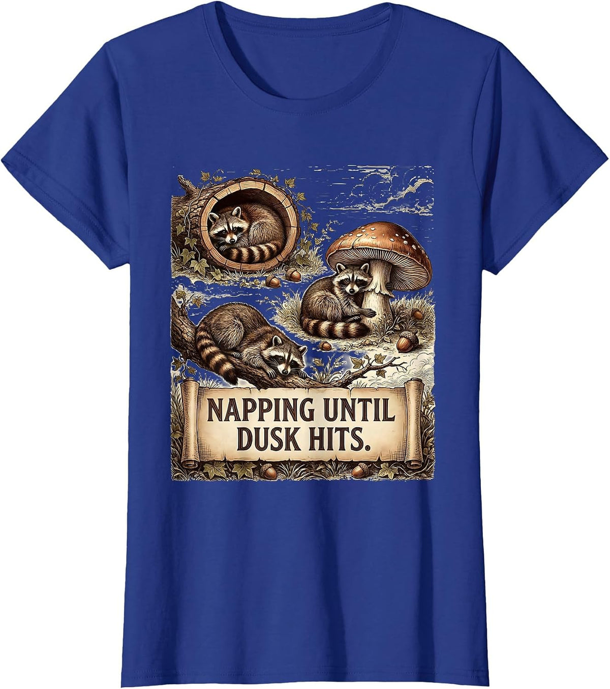 Women's Raccoon Napping Until Dusk Hits Design T-Shirt - Royal Blue