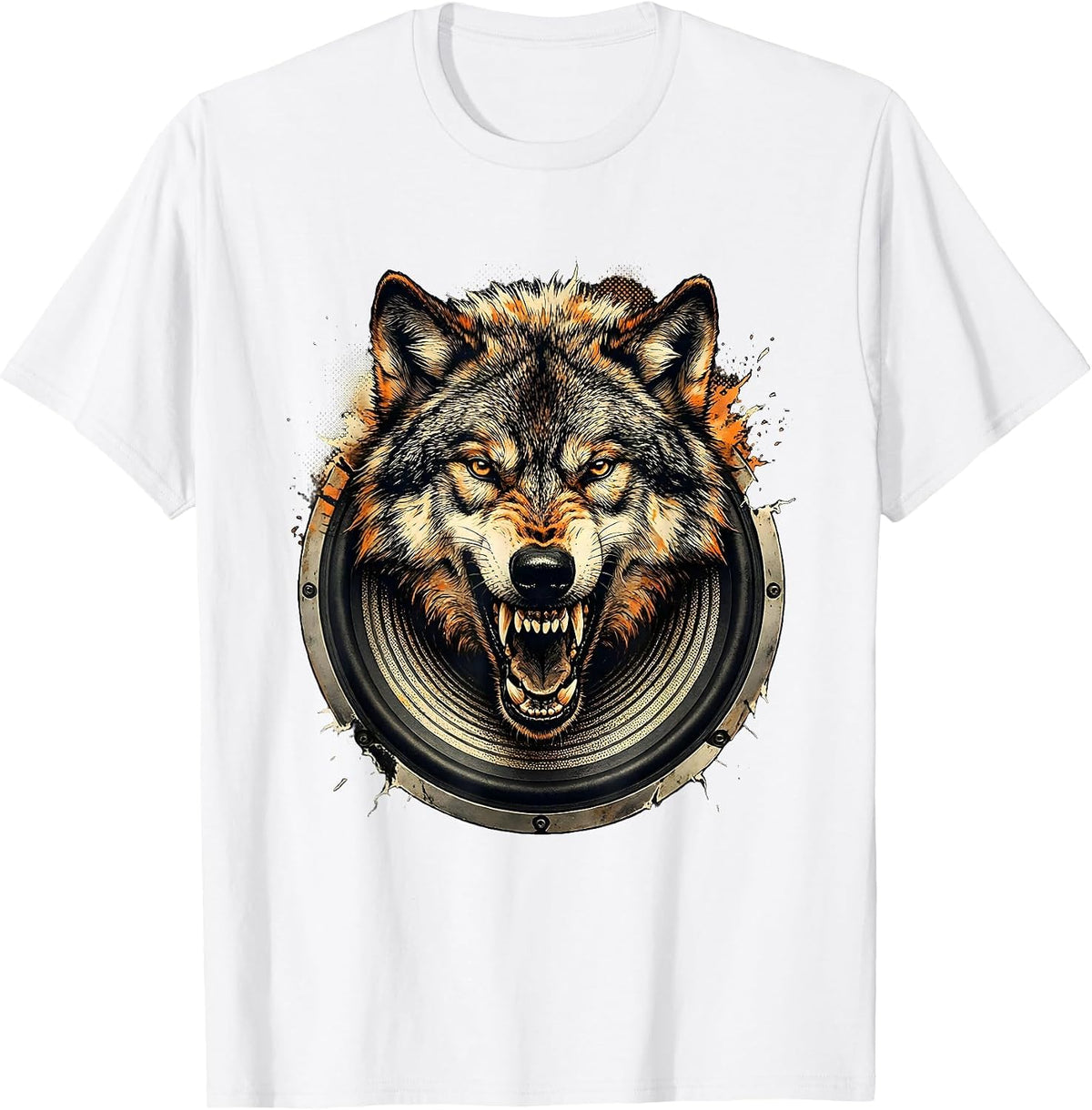 Men's Grunge Wolf Emerging From Speaker Static T-Shirt - White