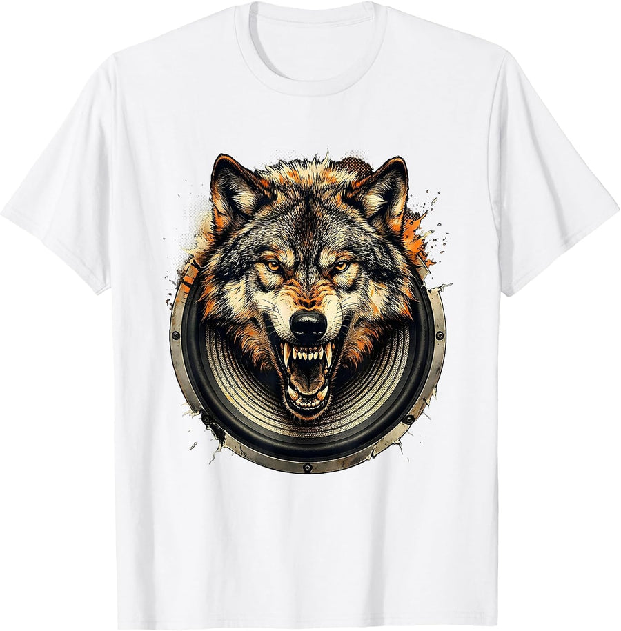 Men's Grunge Wolf Emerging From Speaker Static T-Shirt - White
