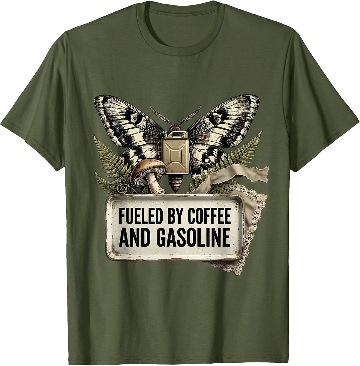 Fueled by Coffee and Gasoline Car Enthusiast Design T-Shirt - Olive Green