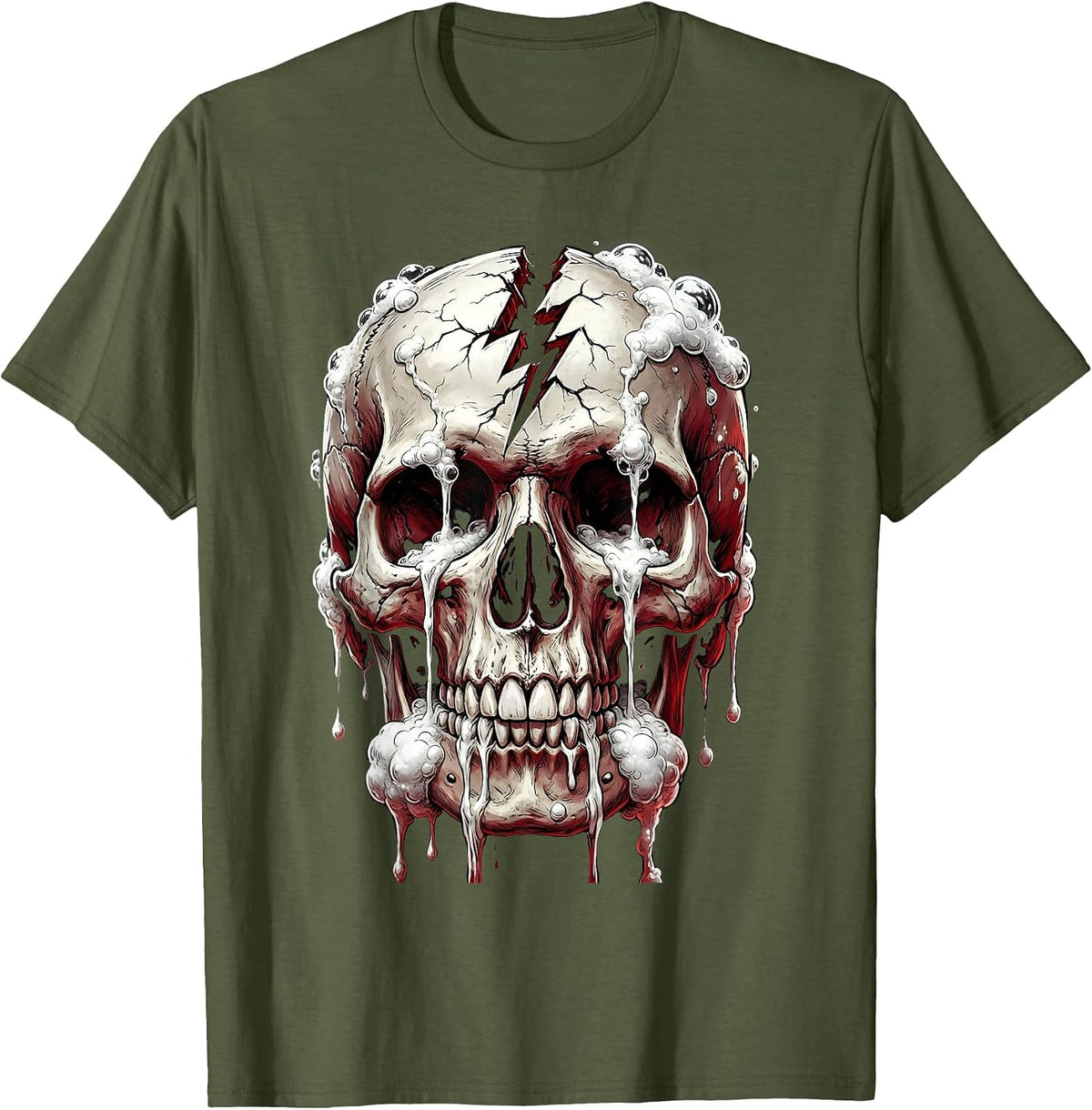 I Have Rabies Cracked Skull Dripping Foam Graphic T-Shirt - Olive Green