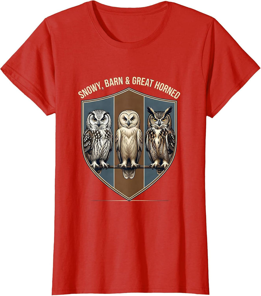 Women's Snowy, Barn & Great Horned Owl Lover Birdwatcher Humor T-Shirt - Red