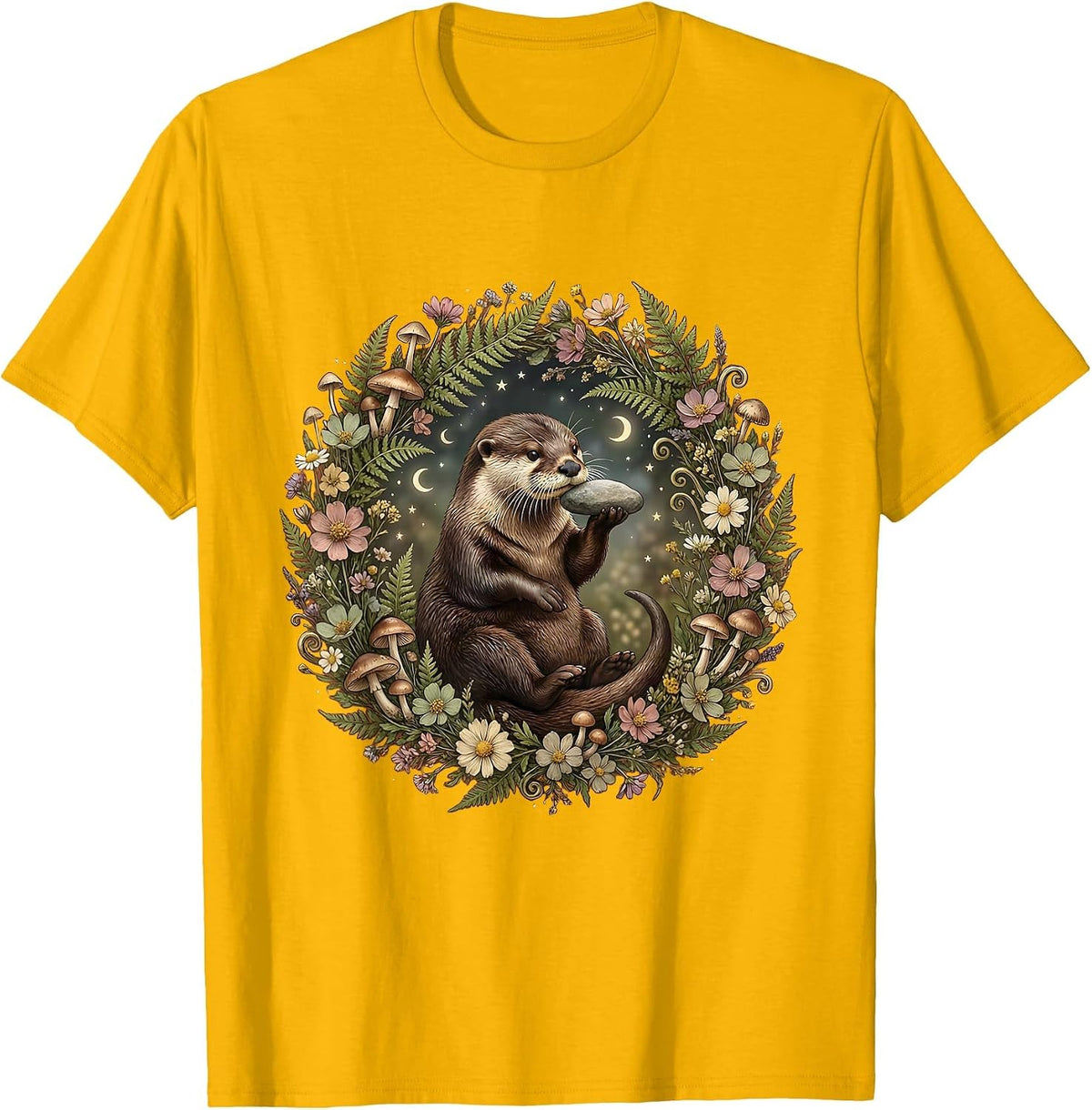 Otter Balancing Rock on Nose Illustration T-Shirt - Golden Yellow