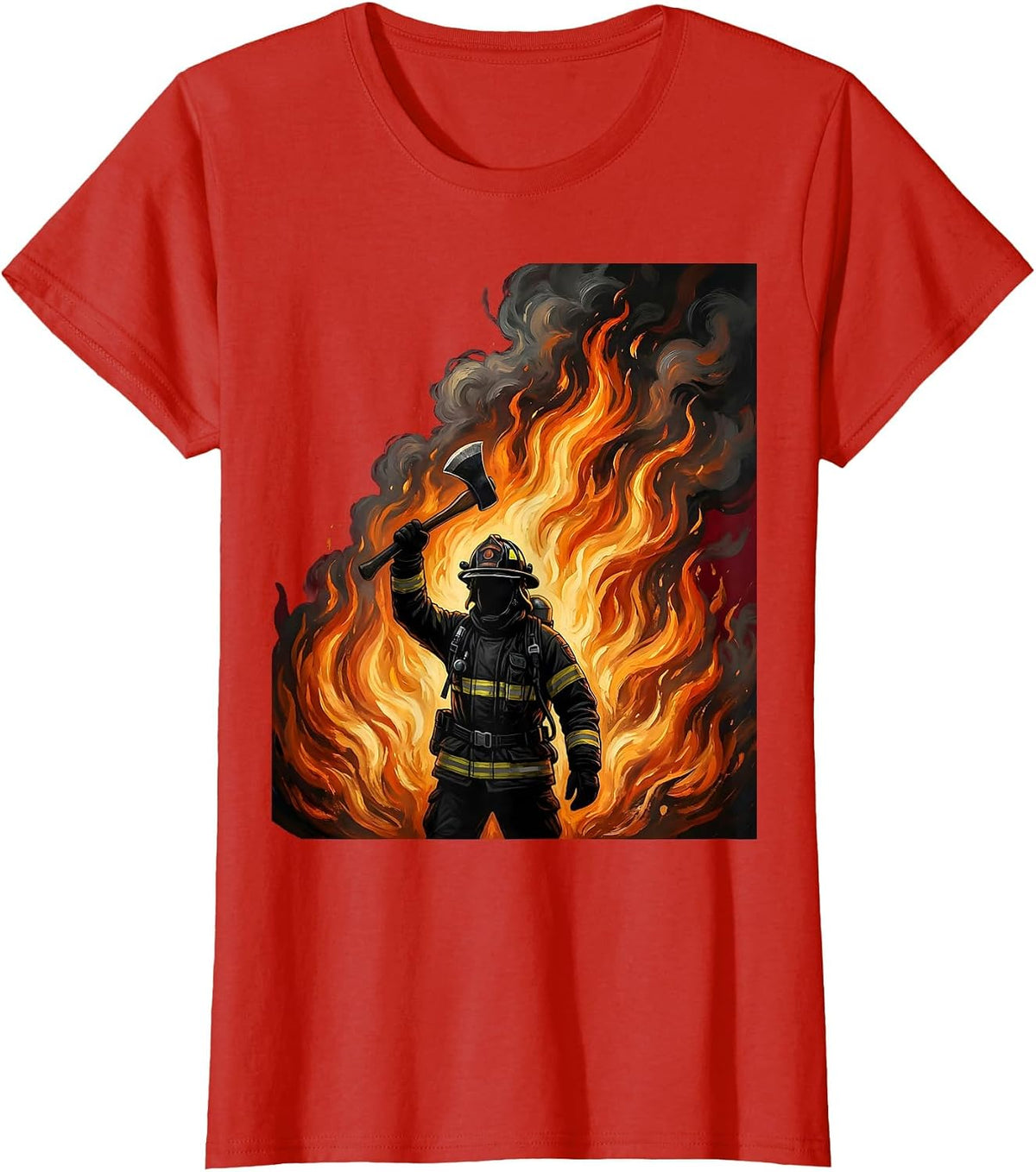 Firefighter Silhouette Against Wall of Flames T-Shirt - Red