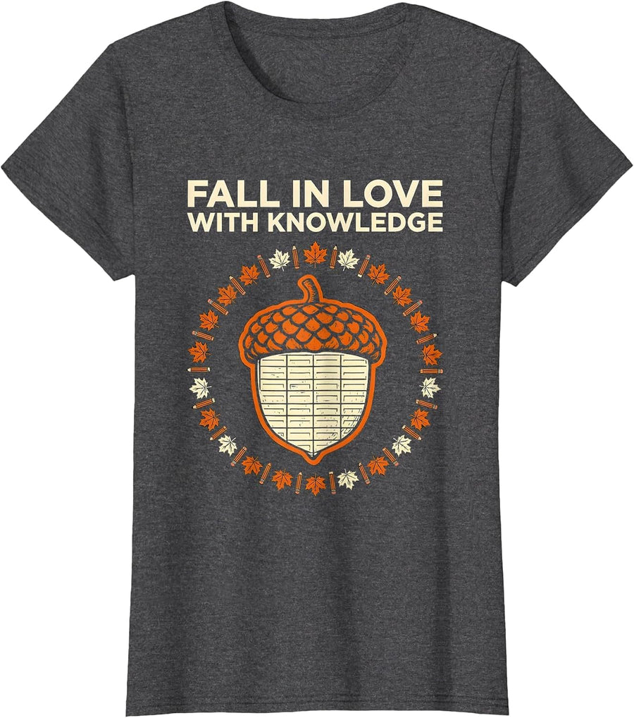 Women's Fall In Love With Knowledge Retro Teacher Autumn Halloween T-Shirt - Dark Heather Grey