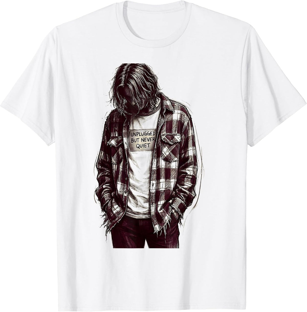 Men's Unplugged But Never Quiet Grunge Music Design T-Shirt - White