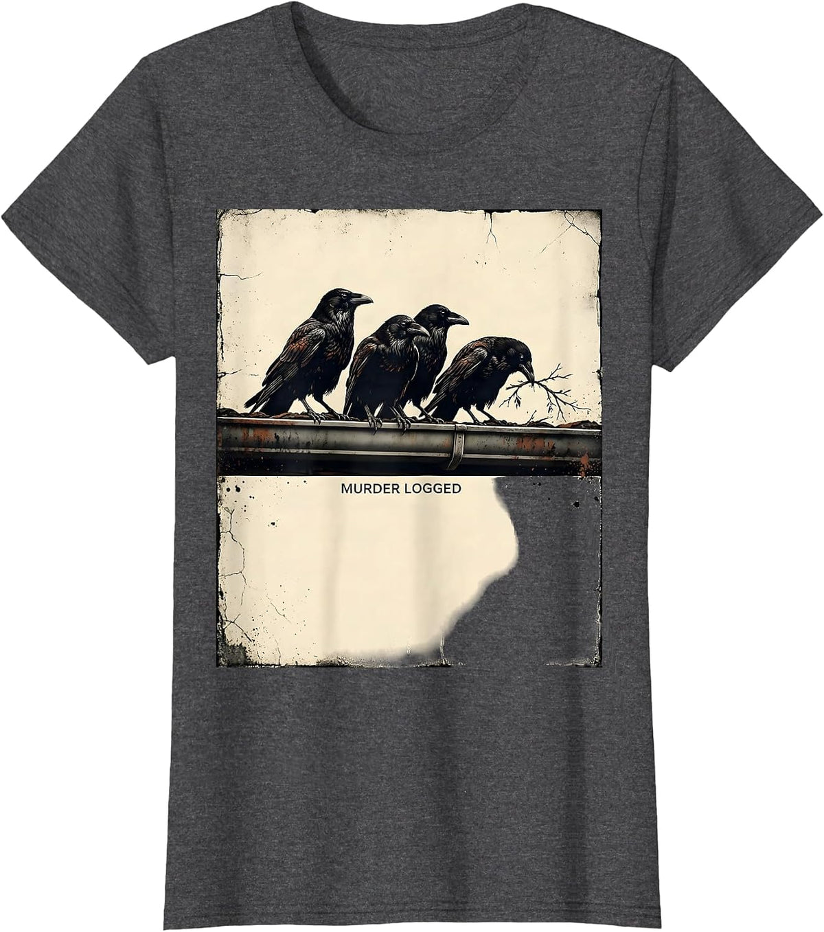 Women's Murder Logged Distressed Crow Gothic Bird Lover Dark Humor T-Shirt - Dark Heather Grey