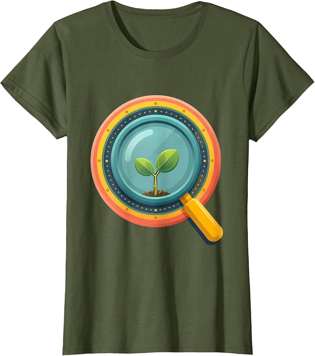 Women's First Grade Teacher Magnifying Glass Seedling T-Shirt - Olive Green