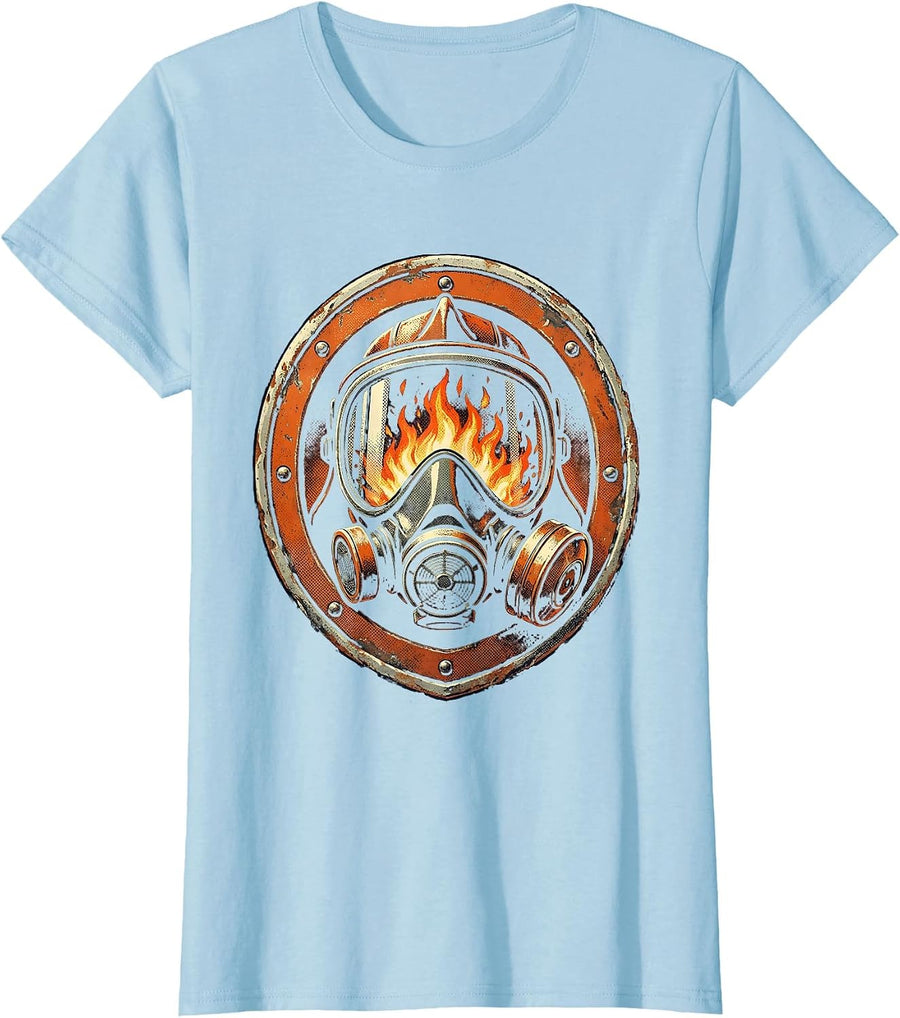 Women's Firefighter Mask Flames Reflected in Visor Graphic T-Shirt - Baby Blue