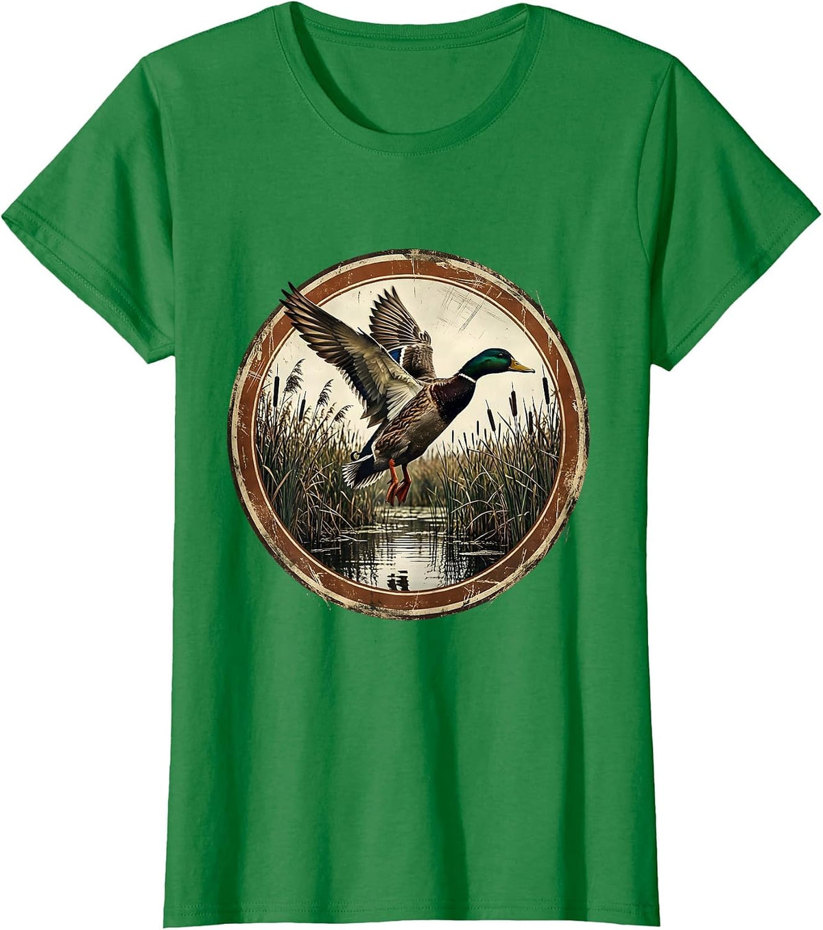 Duck Flying Over Marsh Reeds Hunting Graphic T-Shirt - Kelly Green